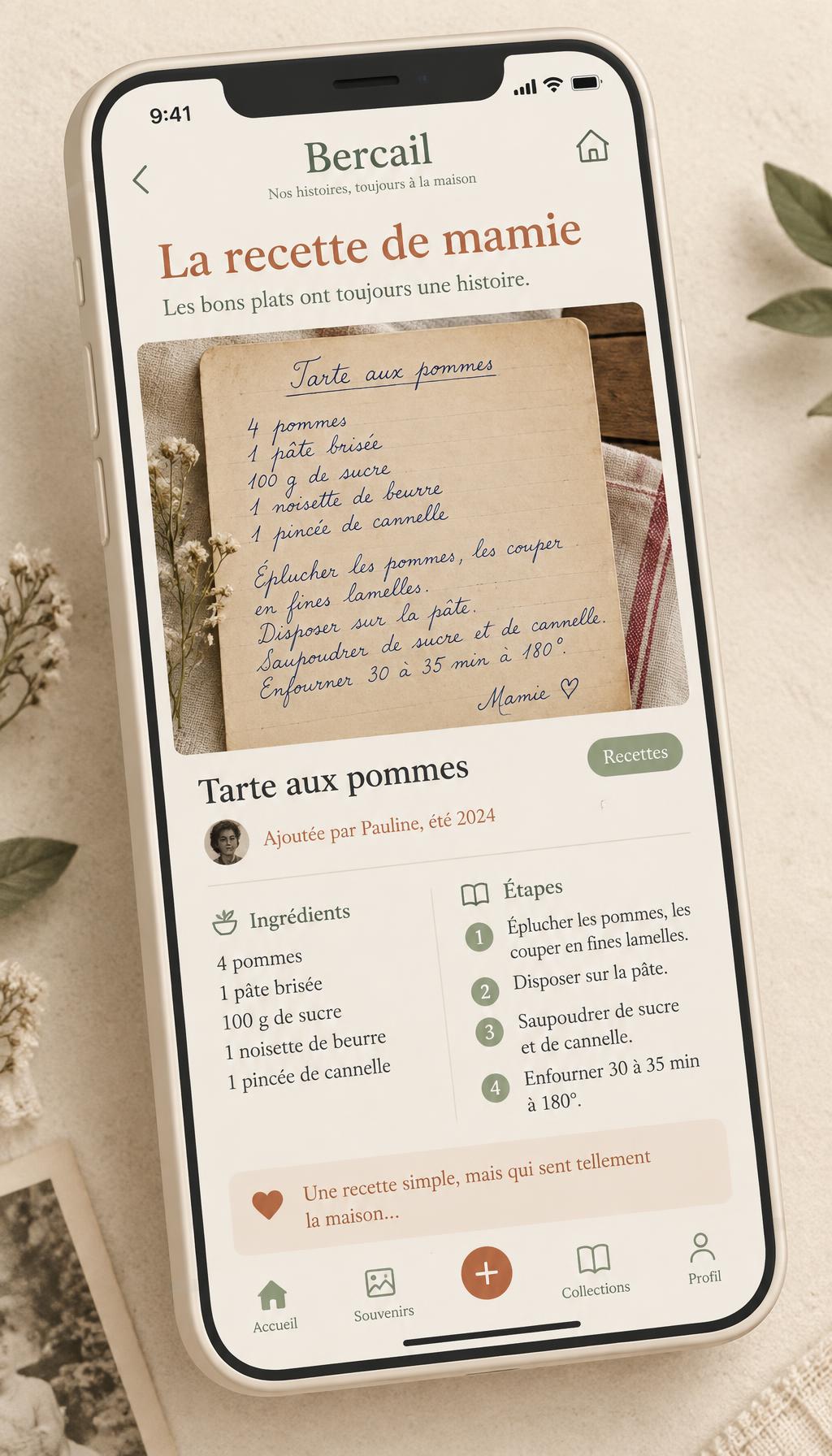 La fiche recette, avec l'écriture manuscrite conservée à côté