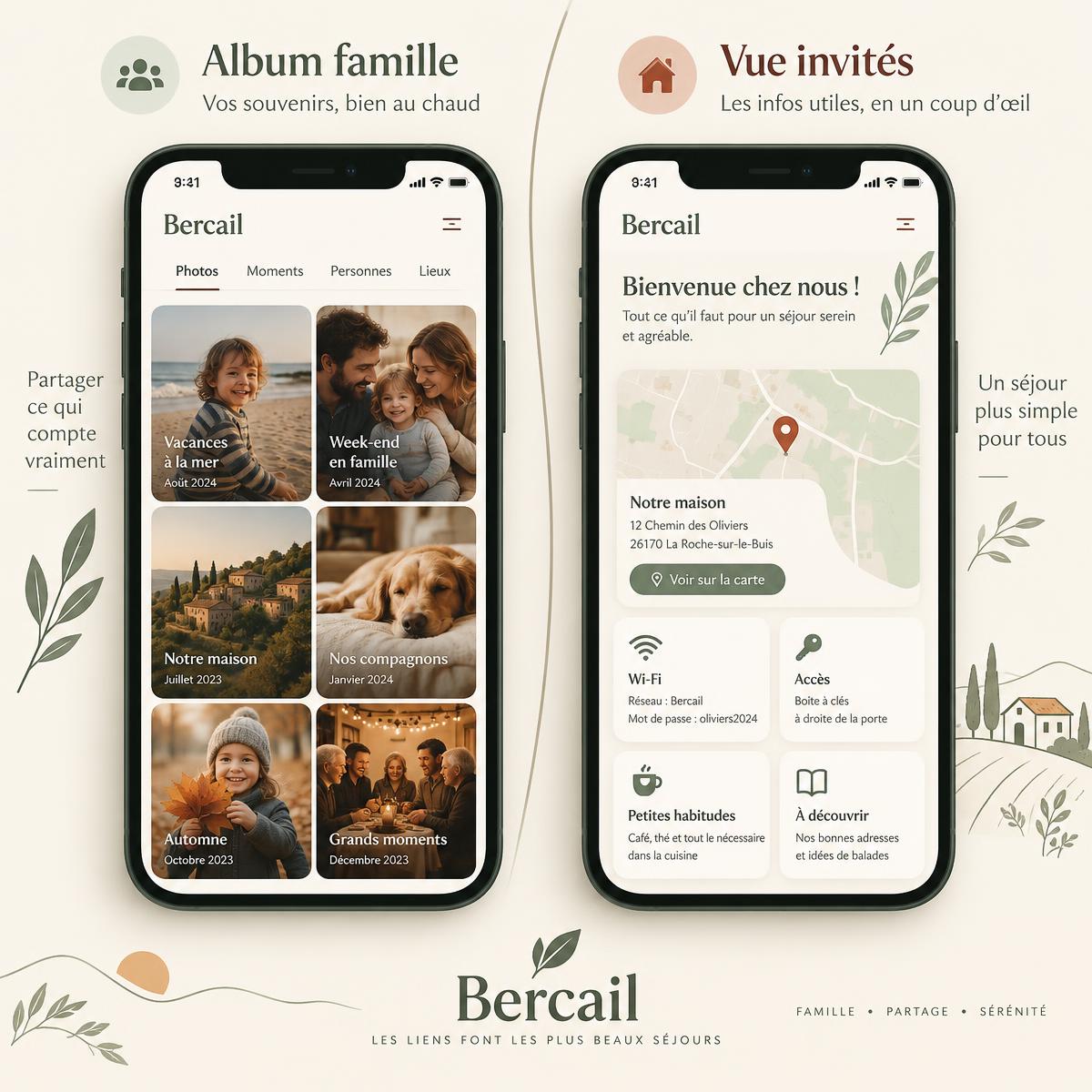 Deux écrans : l'album privé de la famille et la vue simplifiée pour les invités